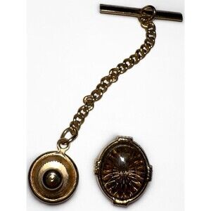 Vintage Tie Tac Pin Amber Gold Glass Round Chain Mens Classic Retro Formal